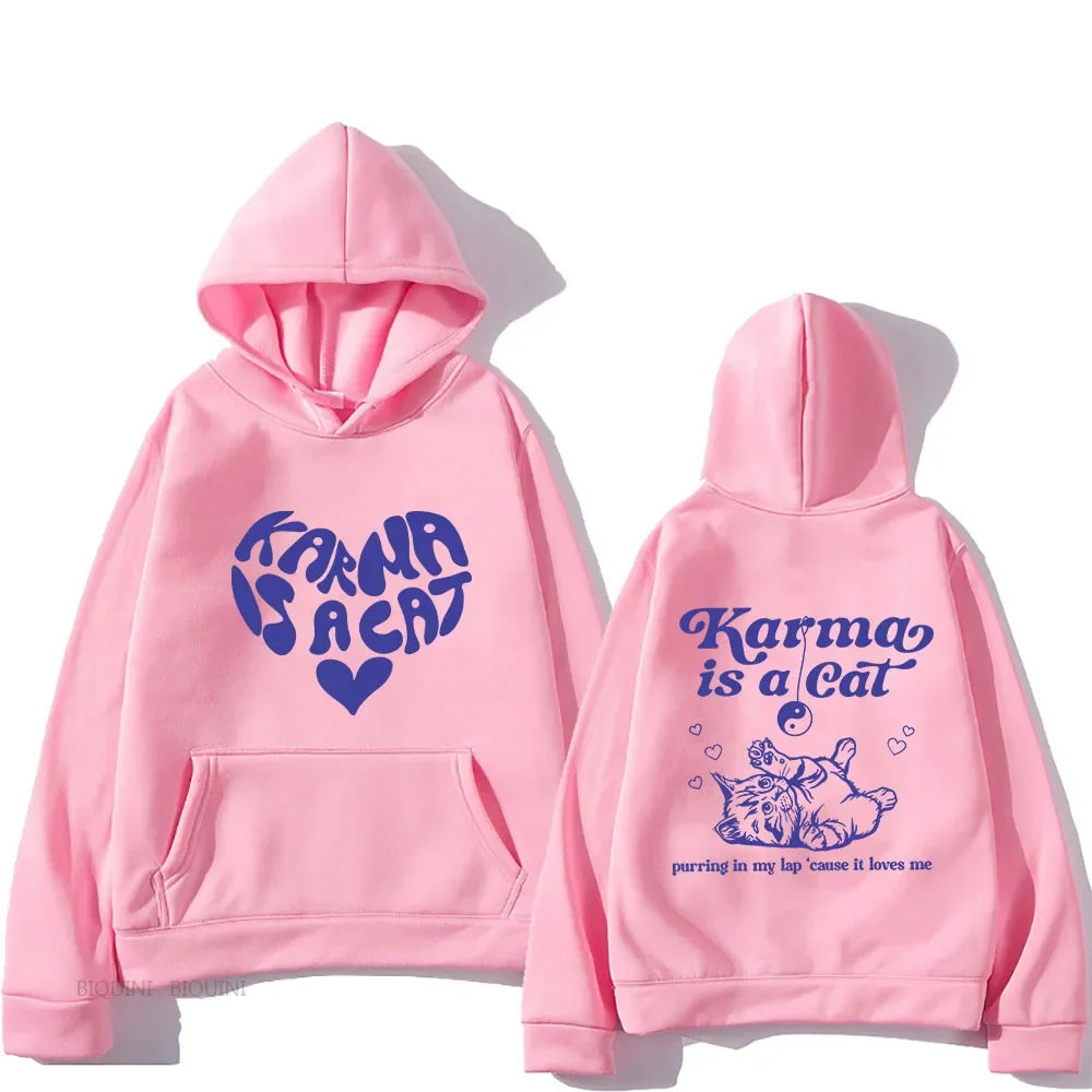 The Eras Tour Karma Is A Cat Essentials Hoodies Men Kawaii/Cute Animals Printed Sweatshirts Manga Streetwear Pullovers Polyester