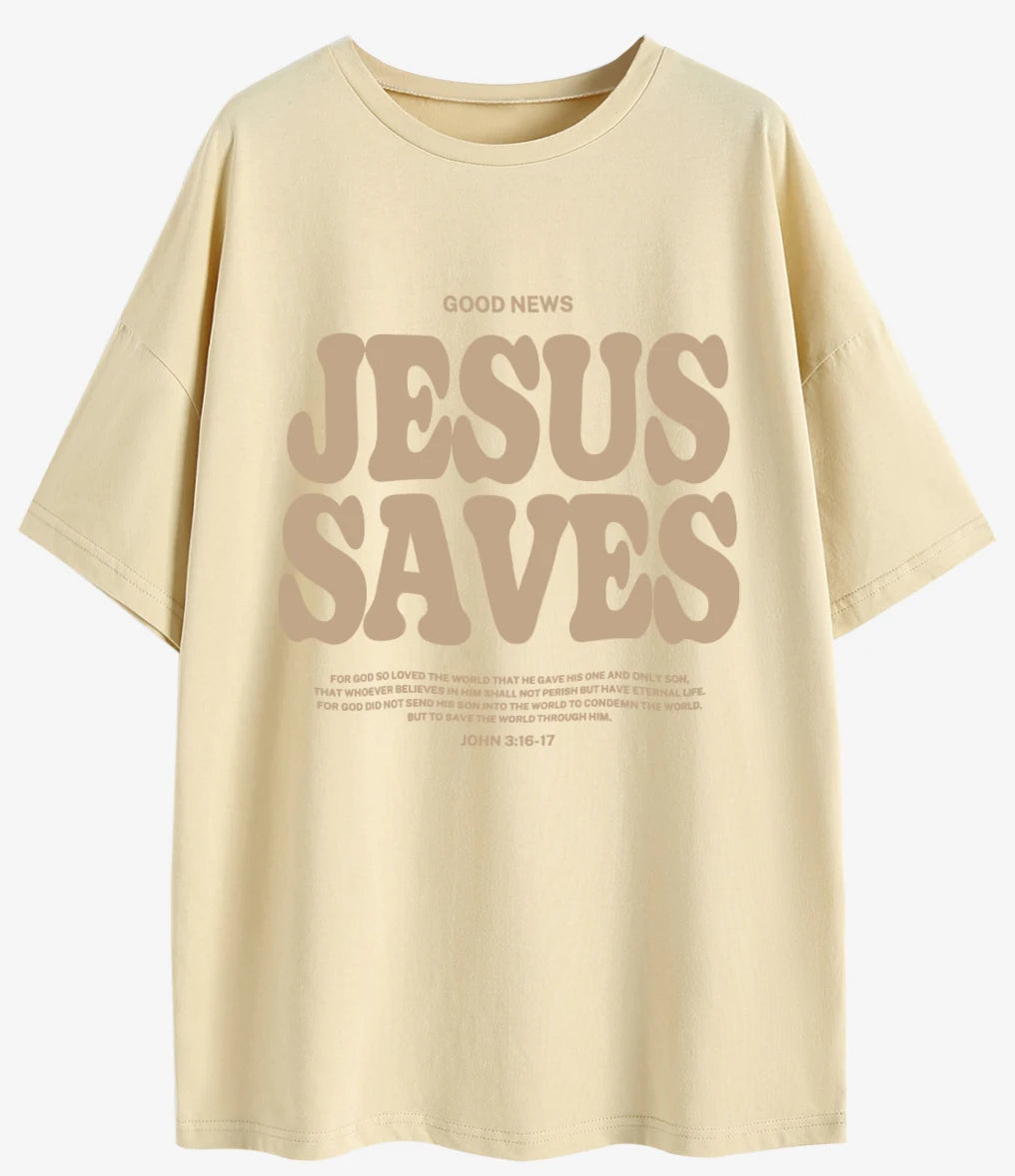 Good News Jesus Saves for God Oversized T-Shirt Jesus Apparel Christian Loose Tee Women Trendy Casual Cotton Aesthetic Top